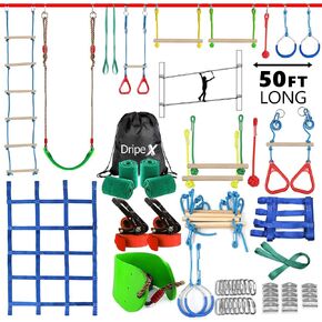 Ninja Warrior Obstacle Course for Kids Backyard - 2×50ft Slackline Kit with 10 Most Complete Accessories for Boys & Girls, Swing, Rope Ladder, Gymnastic Ring, Climbing Net, Arm Trainer and Monkey Fist