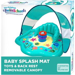 SwimSchool Baby Splash Play Mat with Adjustable Canopy – Inflatable Play Pool for Babies & Infants with Backrest – Includes Baby Water Toy Rings