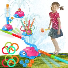 4-in-1 Turtle Water Sprinkler Toys for Kids, Ball Scoop, Toss Rings and Jumping Game Water Sprinkler Toys for Summer, 360°Rotating Water Spray Toy with 4 Play Modes for Boys Girls Outdoor