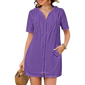 Bsubseach Women's Terry Cloth Swim Cover Up Zipper Hooded Swimsuit Coverup Short Sleeve Beach Coverup with Pockets
