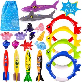 Summer Pool Diving Swimming Toys for Kids, Fun Swim Games Sinking Set, Underwater Dive Gifts with Storage Bag Include Torpedo Gems Shark Rings Sea Animals for Boys Girls Toddlers 20 Packs