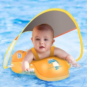 Laycol Baby Swimming Float مع UPF50+ Sun Canopy يطفو الطفل لحوض السباحة لا يوجد تجمع Overbaby لمدة 3-36 أشهر (أزرق ، L)