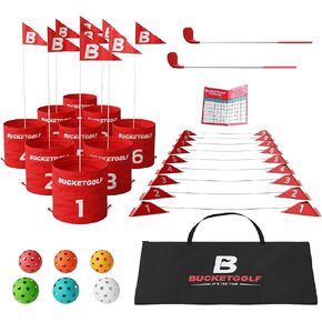 لعبة Bucketgolf Pro الأصلي لعبة غولف في Ultimate Backyard للعائلة والبالغين والأطفال - ملعب الجولف المحمول 9 Hole Golf Play في الهواء الطلق ، الحديقة ، الحديقة ، الشاطئ ، الفناء