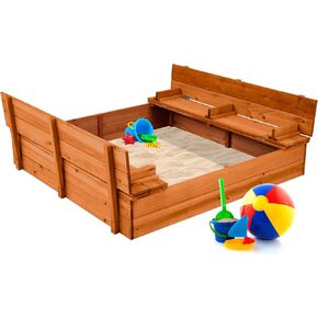 Best Choice Products Kids' Outdoor Wooden Sandbox Large, Cedar Wood with Foldable Bench Seats and Sand Protection, Bottom Liner Included - Brown