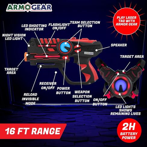 Armogear Laser Tag Puns - مجموعة من 4 ألعاب أطفال قابلة لإعادة الشحن مع سترات - علامات ليزر متعددة اللاعبين داخلية وخارجية للأطفال والمراهقين والبالغين - 150 قدمًا طويلة - ألعاب أطفال تتراوح أعمارهم بين 8 وما فوق in Kuwait