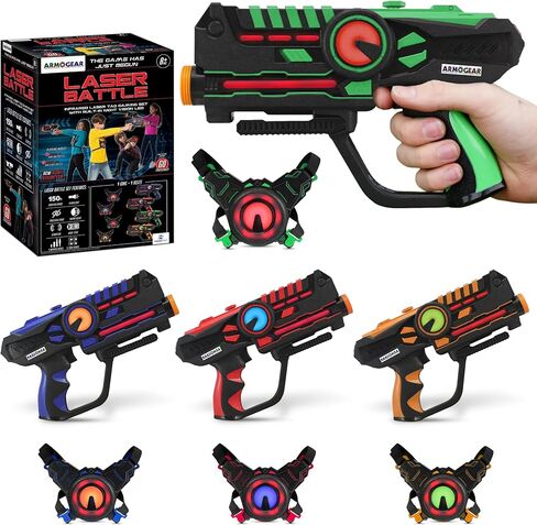 Armogear Laser Tag Puns - مجموعة من 4 ألعاب أطفال قابلة لإعادة الشحن مع سترات - علامات ليزر متعددة اللاعبين داخلية وخارجية للأطفال والمراهقين والبالغين - 150 قدمًا طويلة - ألعاب أطفال تتراوح أعمارهم بين 8 وما فوق in Kuwait