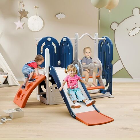 BIERUM 4 in 1 Toddler Slide, Slide for Toddlers Age 1-3 with Basketball Hoop and Ball, Slide for Kids, Indoor Outdoor Backyard Playground Climbing Theme Baby Slide Toy Blue Orange in Saudi Arabia