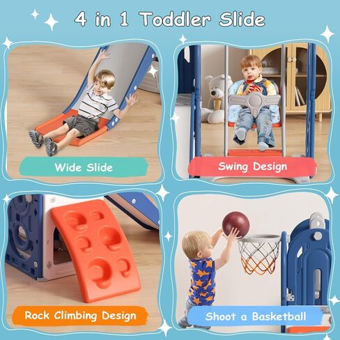 BIERUM 4 in 1 Toddler Slide, Slide for Toddlers Age 1-3 with Basketball Hoop and Ball, Slide for Kids, Indoor Outdoor Backyard Playground Climbing Theme Baby Slide Toy Blue Orange in Saudi Arabia