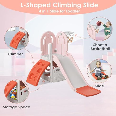 BIERUM 4 in 1 Toddler Slide, Slide for Toddlers Age 1-3 with Basketball Hoop and Ball, Slide for Kids, Indoor Outdoor Backyard Playground Climbing Theme Baby Slide Toy Blue Orange in Saudi Arabia