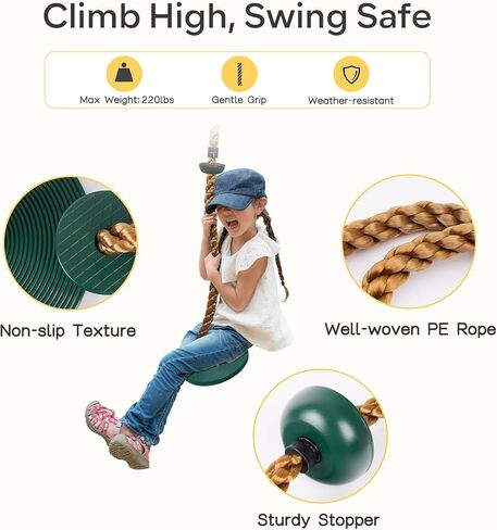 DECORLIFE Tree Swing for Kids, Adjustable Rope Swing Disc Swing for Outside with Platform Carabiners and Strap Outdoor, Playground Accessories, Green in Kuwait