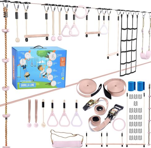 Ninja Warrior Obstacle Course for Kids – 2 x 60 ft, 880 lbs Capacity, 13 Weatherproof Obstacles, Bottom Line, Traverse Rings, Monkey Net – Easy Setup on Trees or Posts for Outdoor Fun in Saudi Arabia