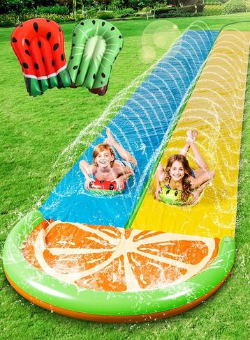 Sloosh Water Slides with 2 Inflatable Boards,22.5ft Double Lane Lawn Water Splash Slip and Slide with Advanced Sprinklers Summer Toy for Kids Adults Fun Backyard Summer Outdoor, Orange in Saudi Arabia