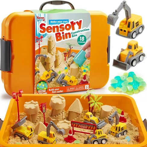 Klever Kits Construction Sensory Bin للأطفال الصغار مع التوهج في الحجارة المظلمة ، صندوق الرمل مع طقم بناء قلعة الغطاء ، هدايا أنشطة التعلم في مرحلة ما قبل المدرسة للأولاد الذين يبلغون من العمر 3+ in Kuwait