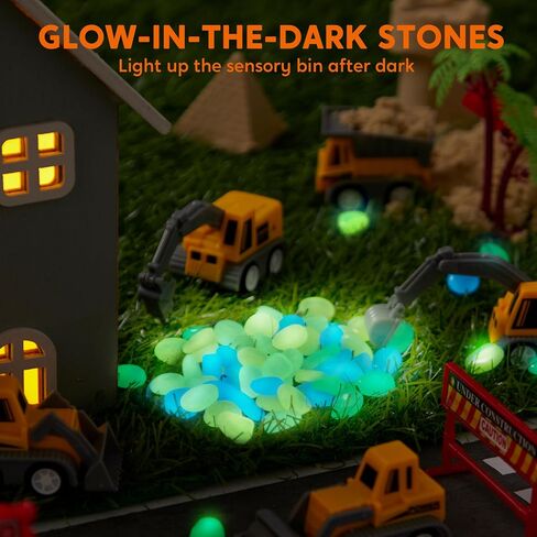 Klever Kits Construction Sensory Bin للأطفال الصغار مع التوهج في الحجارة المظلمة ، صندوق الرمل مع طقم بناء قلعة الغطاء ، هدايا أنشطة التعلم في مرحلة ما قبل المدرسة للأولاد الذين يبلغون من العمر 3+ in Kuwait