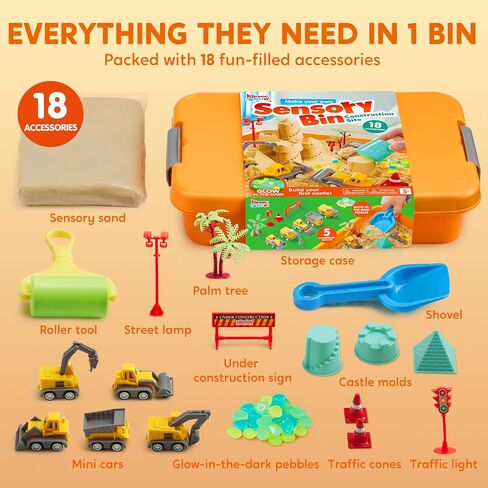 Klever Kits Construction Sensory Bin للأطفال الصغار مع التوهج في الحجارة المظلمة ، صندوق الرمل مع طقم بناء قلعة الغطاء ، هدايا أنشطة التعلم في مرحلة ما قبل المدرسة للأولاد الذين يبلغون من العمر 3+ in Kuwait