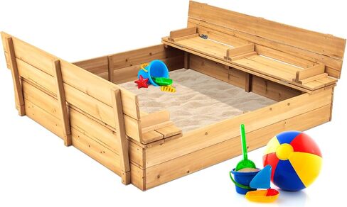 Best -Choice Products child kids ourdive woodbox كبيرة ، خشب الأرز مع مقاعد مقعد قابلة للطي وحماية من الرمل ، بما في ذلك البطانة السفلية - بنية in Kuwait