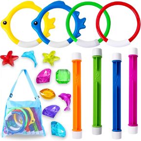 YUJUN 18PCS Pool Diving Swimming Toys, Summer Underwater Game Toys with Pool Fishes Dive Sticks Rings Gems Storage Bag for Kids Swim Birthday Party Favors