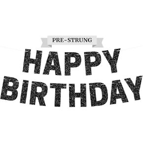 Pre-strung Happy Birthday Banner - No DIY - Gold Glitter Birthday Party Banner for Men & Women - Pre-strung Garland on 8 ft Strands - Gold Bday Party Decorations & Decor. Did We Mention No DIY