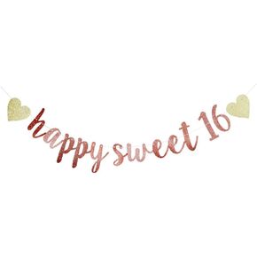 Happy Sweet 16 Banner, 16th Birthday Party Sign, Sweet Sixteen Party Supplies (Pink)