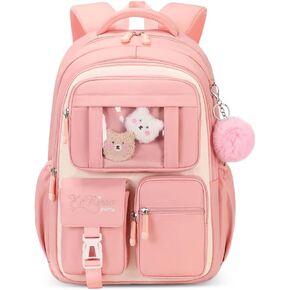 Cute Backpack for Girls Large Capacity School Bag Set with Pen Bag and Plush Ball Keychain Sweet Book Bag for Kids (Pink)