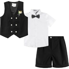 LOLANTA Summer Boys Suit, 4Pcs Kids Waistcoat Tuxedo Wedding Ring Bearer Outfit, Dress Clothes Shirt Vest Shorts Bow Tie