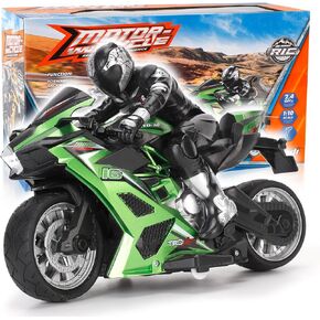Liberty Imports 2.4G RC Remote Control Stunt Motorcycle with Riding Figure, 1:10 Scale High Speed Cross Country 360 Degree Rotation Drift Shockproof Racing Motorbike (Green)