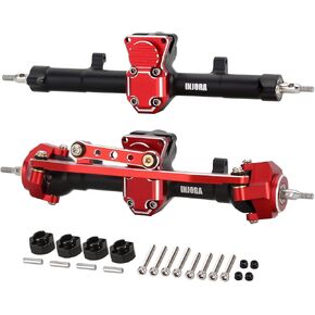 INJORA 31g Front＆ 21g Rear Axles Set CNC Aluminum Complete Axle with Worm Gear Set for Axial SCX24 Deadbolt C10 JLU Gladiator Bronco 1/24 RC Crawler Upgrade Parts（Black＆Red）