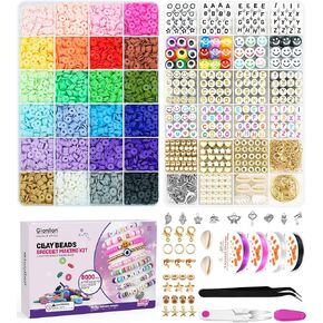 Gionlion 6000 Clay Beads Makelet Kit ، 24 لونًا من الخرز مسطحًا مسطحًا لأساور الصداقة ، حبات البوليمرات الطينية مع سحر لصنع المجوهرات ، هدايا الحرف للفتيات الذين تتراوح أعمارهم بين 6-12 عامًا