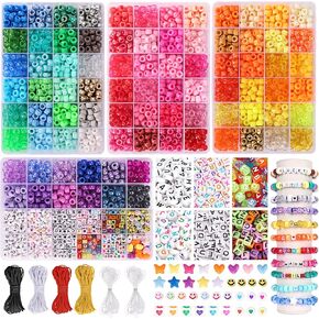 Quefe 3960pcs Pony Beads for Friendship Bracelet Making Kit 48 Colors Kandi Beads Set, 2400pcs Plastic Rainbow Bulk and 1560pcs Letter Beads with 20 Meter Elastic Threads for Craft Jewelry Necklace