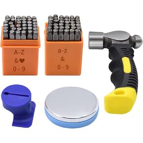 74pcs Metal Stamping Kit, DkOvn Complete Jewelry Making Stamping Tools with 1/8" (3mm) Font Uppercase & Lowercase Letter and Number Punch, Metal Stamping Jig, Hammer and Steel Bench Block(74pcs 3mm)
