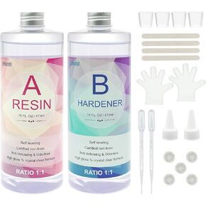 Epoxy Resin, Demorex Resin Kit Crystal Clear-Not Yellowing and No Bubble Self Leveling Easy Mix 1:1 Casting & Coating for DIY Jewelry Making, Art Crafts, Wood & Resin Molds (17oz)