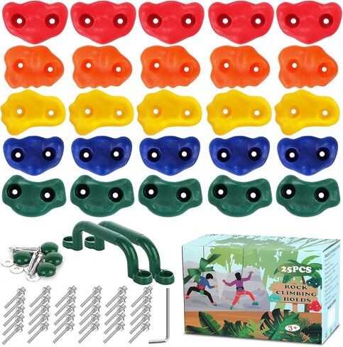 25Pcs Rock Wall Climbing Holds for Kids with 2 Handles, Indoor and Outdoor Rock Wall Kit, Multi-Colored Climbing Rock Wall Grips for Playground Play Set, Climbing Toys for Kids Workout in Saudi Arabia