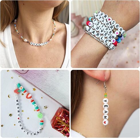 Redtwo 1600 PCS Letter Beads Kit ، 6 أنماط من حبات الأبجدية الملونة للسوار ، والخرز المبتسم حبات الوجه المبتسمة ولفافة من سلسلة مرنة لرواية الصداقة. in Kuwait