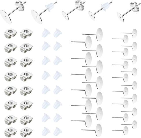 450PCS Earring Posts Stainless Steel Flat Pad,Hypoallergenic Stud Earrings with Butterfly and Rubber Bullet Earring Backs for Jewelry DIY Making Findings (Silver) (Silver) in Kuwait