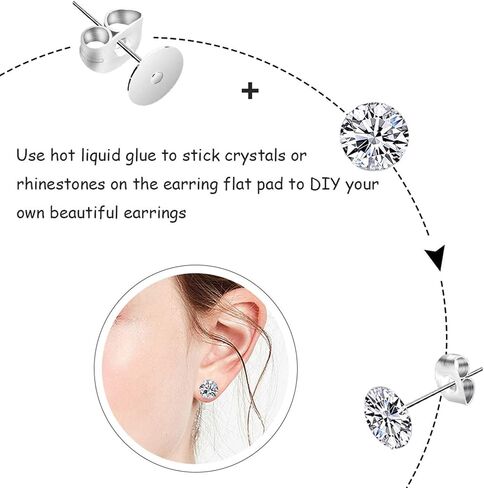 450PCS Earring Posts Stainless Steel Flat Pad,Hypoallergenic Stud Earrings with Butterfly and Rubber Bullet Earring Backs for Jewelry DIY Making Findings (Silver) (Silver) in Kuwait