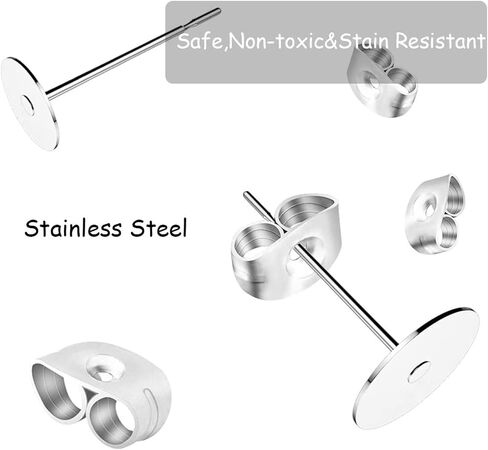 450PCS Earring Posts Stainless Steel Flat Pad,Hypoallergenic Stud Earrings with Butterfly and Rubber Bullet Earring Backs for Jewelry DIY Making Findings (Silver) (Silver) in Kuwait