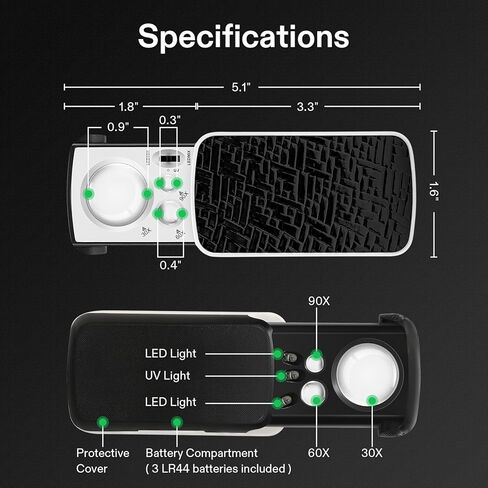 VIVOSUN Slide-Out Jewelry Loupe Magnifier 30X 60X 90X LED Lighted Eye Loupe with UV Light for Jewelry, Diamonds, Gems, Coins, Stamps, Rocks, Black in Kuwait