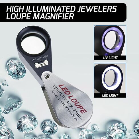 Gain Express Jewelers Loupe Magnifier, Jewelry Loop Magnifier with Light, Hastings Triplet Loupe 10X for Coin, Gem, Stamp, Diamond etc (White LED & UV Light) in Saudi Arabia