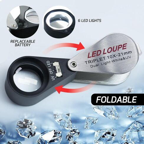 Gain Express Jewelers Loupe Magnifier, Jewelry Loop Magnifier with Light, Hastings Triplet Loupe 10X for Coin, Gem, Stamp, Diamond etc (White LED & UV Light) in Saudi Arabia