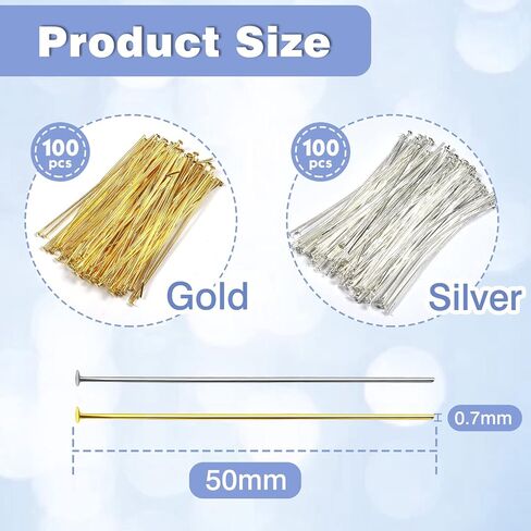 TOAOB 200pcs Head Pins 2 Inch Gold Silver 22 Gauge Brass Wire Flat Head Pins Jewelry Findings for DIY Crafts Necklaces Bracelets Earrings Making in Saudi Arabia