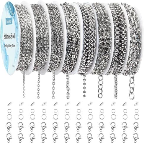 Ecoofor Necklace Chains for Jewelry Making, 62.3 Feet 8 Rolls 304 Stainless Steel Jewelry Chains for DIY Necklace Bracelet Jewelry Making with Stainless Steel Jump Rings/Lobster Clasps/Connectors in Kuwait