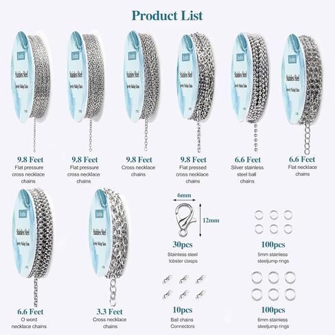 Ecoofor Necklace Chains for Jewelry Making, 62.3 Feet 8 Rolls 304 Stainless Steel Jewelry Chains for DIY Necklace Bracelet Jewelry Making with Stainless Steel Jump Rings/Lobster Clasps/Connectors in Kuwait