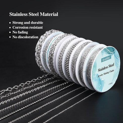Ecoofor Necklace Chains for Jewelry Making, 62.3 Feet 8 Rolls 304 Stainless Steel Jewelry Chains for DIY Necklace Bracelet Jewelry Making with Stainless Steel Jump Rings/Lobster Clasps/Connectors in Kuwait