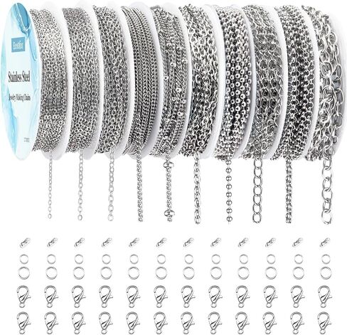 Ecoofor Necklace Chains for Jewelry Making, 62.3 Feet 8 Rolls 304 Stainless Steel Jewelry Chains for DIY Necklace Bracelet Jewelry Making with Stainless Steel Jump Rings/Lobster Clasps/Connectors in Kuwait