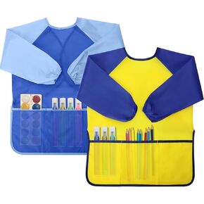 Kids Painting Apron 2 Pack, Waterproof Toddler Art Smock, Artist Smock for Kids Age 2-8 with Long Sleeve and 3 Pockets