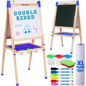 Blue Squid Art Easel for Kids - لوحة خشبية قابلة للتعديل مزدوجة ، هدية للأطفال الصغار والأطفال - مع لوحة الطباشير المغناطيسية ، اللوحة البيضاء ولفائف الورق ، (ملحقات +100 ذات الألوان المتعددة ، Premium)