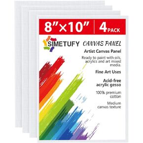 Simetufy 4 Pack 8x10 Inch Canvas Boards Canvas Panels-Gesso Primed Acid-Free 100% Cotton Blank for Acrylics Oil Watercolor Tempera Paint