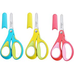LIVINGO Left Handed Scissors for Kids - 3 Pack 5 inches Blunt Tip Safety Lefty School Scissors for Children Toddler Classroom Craft Cutting Paper, Yellow, Pink, Blue