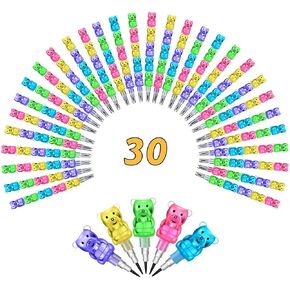 30 Pieces Stackable Bear Pencils, Kids Plastic Bear Shaped Stacking Pencil, Pencils for Kids，5 in 1 Point Pencils for Birthday Party Supplies School Fun Equipment