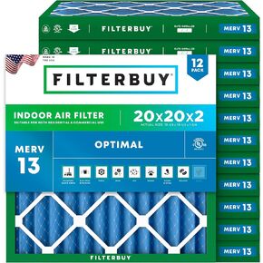 Filterbuy 20x20x2 Air Filter MERV 13 Optimal Defense (12-Pack), Pleated HVAC AC Furnace Air Filters Replacement (Actual Size: 19.50 x 19.50 x 1.75 Inches)